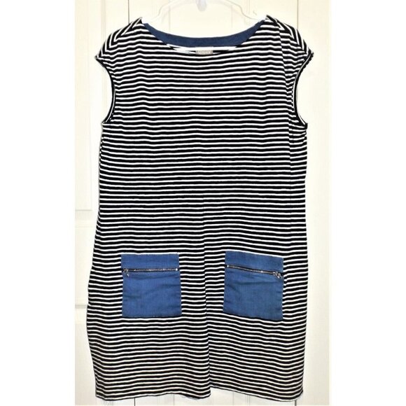 Chico's L Sleeveless Striped Mini-Dress Denim Pockets Round Neck Pullover - Picture 1 of 8